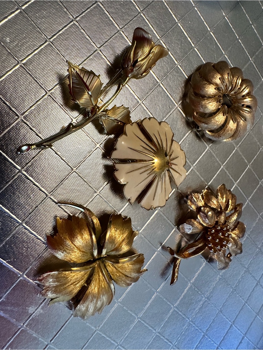 Vintage Gold Floral Brooch Lot - Mixed Metal Flowers Monet and trifari